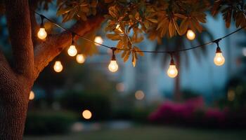 Backyard evening ambiance warm string lights on tree branches garden close-up view cozy setting photo