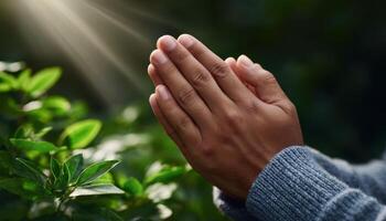 Prayerful reflection in nature closeup of hands light filtering through serene environment photo