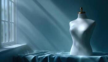Artistic tailoring dummy in soft window light minimalist setup low resolution photo