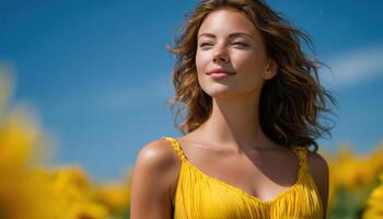 Woman in flowing dress enjoying peaceful moments in sunflower field bright day nature scene photo