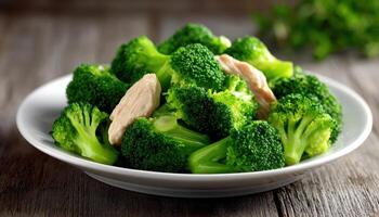 Healthy steamed broccoli and boiled chicken platter kitchen food photography simple setting photo