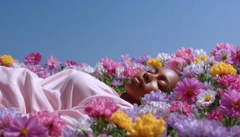 Woman resting in a field of wildflowers outdoor photography calm minimalist concept photo
