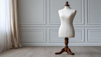 Empty mannequin on wooden stand in quiet fashion studio minimalist design peaceful environment photo