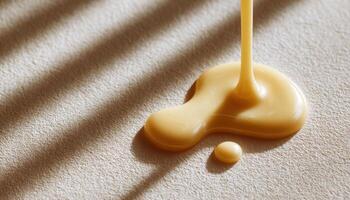 Dripping condensed milk shadows on neutral surface food photography minimalist aesthetic photo
