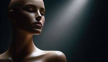 Dramatic side lighting on female mannequin in minimalist studio setting photo