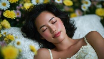 Asian woman relaxing on chamomile petals serene atmosphere nature close-up view photo