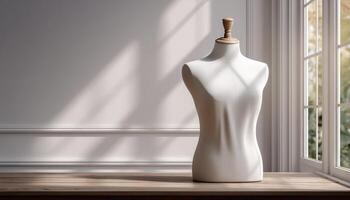 Minimalist tailoring dummy in soft window light home studio interior photography concept photo