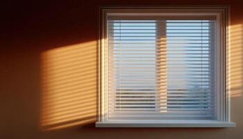Sunlit patterns cast by window blinds interior room photography warm atmosphere side view photo