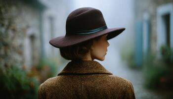 Elegant woman walking through foggy alley in vintage coat enigmatic atmosphere captivating view photo