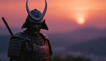Feudal japanese warrior standing on castle walls at sunset captivating historical scene photo