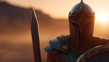 Ancient warrior standing with sword and shield in dusty landscape at sunset photo