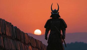 Feudal japanese warrior on castle walls at sunset historical scene detailed environment serene view photo