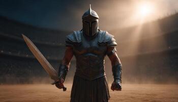 Gladiator raises sword in arena illuminated by sunbeams epic battle scene ancient rome photo