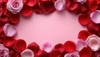 Elegant rose petals arrangement natural setting floral flat lay red and pink tones photo