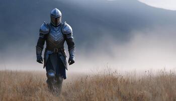 Medieval knight in armor walking through foggy battlefield dramatic atmosphere action scene photo