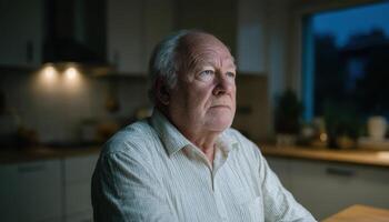 Senior man contemplating in a dimly lit kitchen intimate portrait evening minimalist setting photo