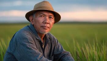 Peaceful sunset glow over rice field with old man sitting nature rural landscape tranquil view photo
