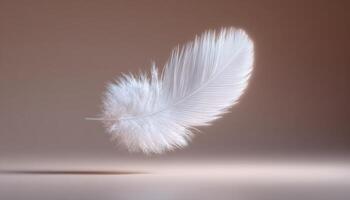 Floating white feather on neutral background minimalistic image tranquil environment photo