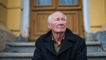 Elderly man sitting on stairs outside old house gazing thoughtfully in urban setting photo