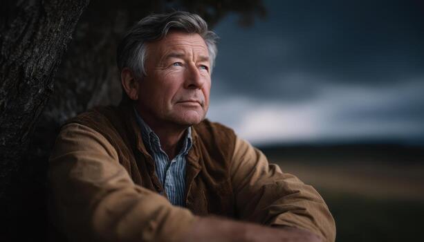 Elderly man lost in thought under a tree cloudy day portrait photography nature introspective view photo