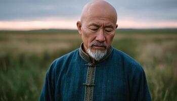 Senior man in traditional clothing standing alone in a field at dusk photo