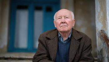 Elderly man gazing thoughtfully on stairs outside old house urban setting portrait photography photo