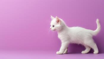 Fluffy white kitten walking on clean violet background cute pet image low resolution photo