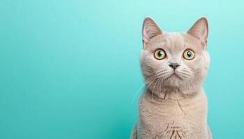 British shorthair cat portrait aqua background pet photography indoor environment close-up shot photo