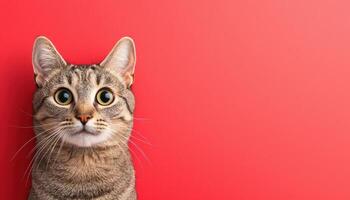 Curious cat portrait on vibrant red background animal photography studio setting photo