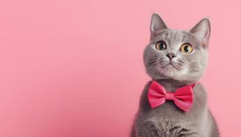 Stylish cat with bowtie on clean pink backdrop fashion portrait playful atmosphere photo