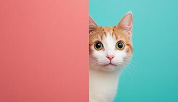 Playful cat peeking from corner minimalist color background fun and lighthearted environment photo
