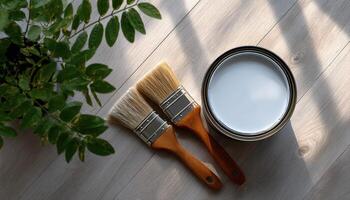 Painting preparation tools on floor home interior top view natural light diy project photo