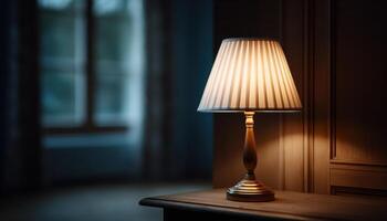 Vintage table lamp illuminating dark room corner soft glow cozy atmosphere interior design photo