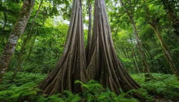 Lush tropical forest ground-level view of ancient trees covered in moss and ferns photo