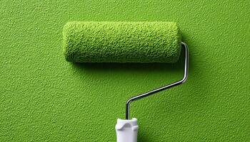 Diy home improvement applying fresh green paint on accent wall indoor close-up modern style photo