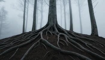 Ancient twisted tree roots breaking through cracked stone foggy forest nature photography photo