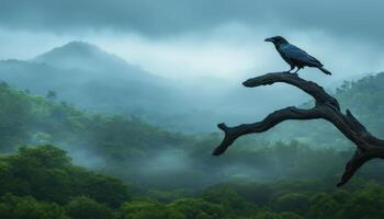 Mysterious black raven perched on twisted branch amidst misty mountains nature scene photo