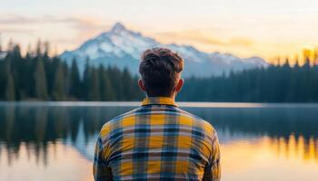 Relaxed man meditating by scenic lake at golden hour nature landscape tranquil environment photo