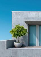 Modern urban row house with concrete facade and greenery cityscape architectural photography photo