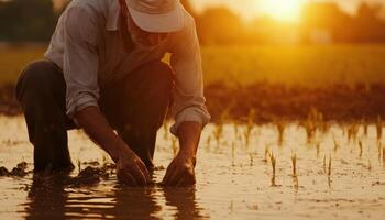 Aged indian man planting rice seedlings in flooded paddy field at sunrise photo