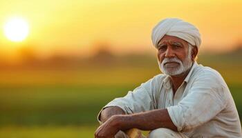 Elderly indian farmer resting on wooden plow at sunset in rural landscape photo