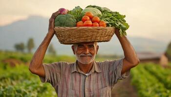 Aged indian farmer carrying fresh vegetables in a lush field vibrant sunset captured portrait photo