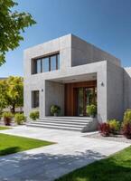 Modern concrete townhouse with minimal lines and raw finishes urban setting architectural design photo