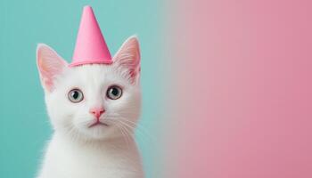Cute cat in pink party hat colorful background fun photography playful environment adorable viewpoint photo