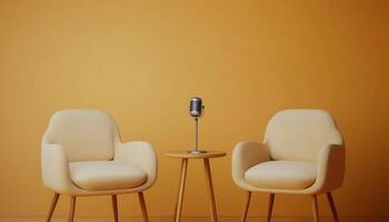 Modern podcast setup with cushioned armchairs cozy room minimalist design relaxed atmosphere photo