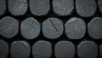 Close-up view of stacked black charcoal briquettes in standard arrangement for grilling photo