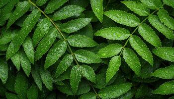 Closeup of glossy rainforest leaves nature wet environment lush greenery macro view photo