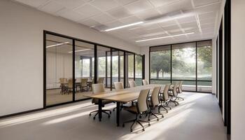 Modern conference room design with glass walls and projector bright workspace interior view photo
