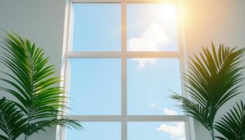 Minimalist glass house interior with sunlight bright plants modern design tranquil atmosphere photo