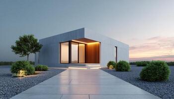 Modern simple house exterior with bright warm lights at dusk serene landscape architectural design photo